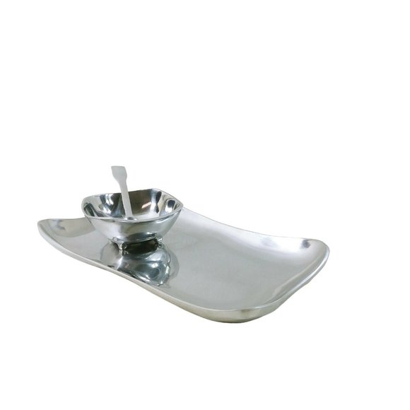 Serving Tray Bowl and Spoon Polished Metal Silver Color - Picture 9 of 10